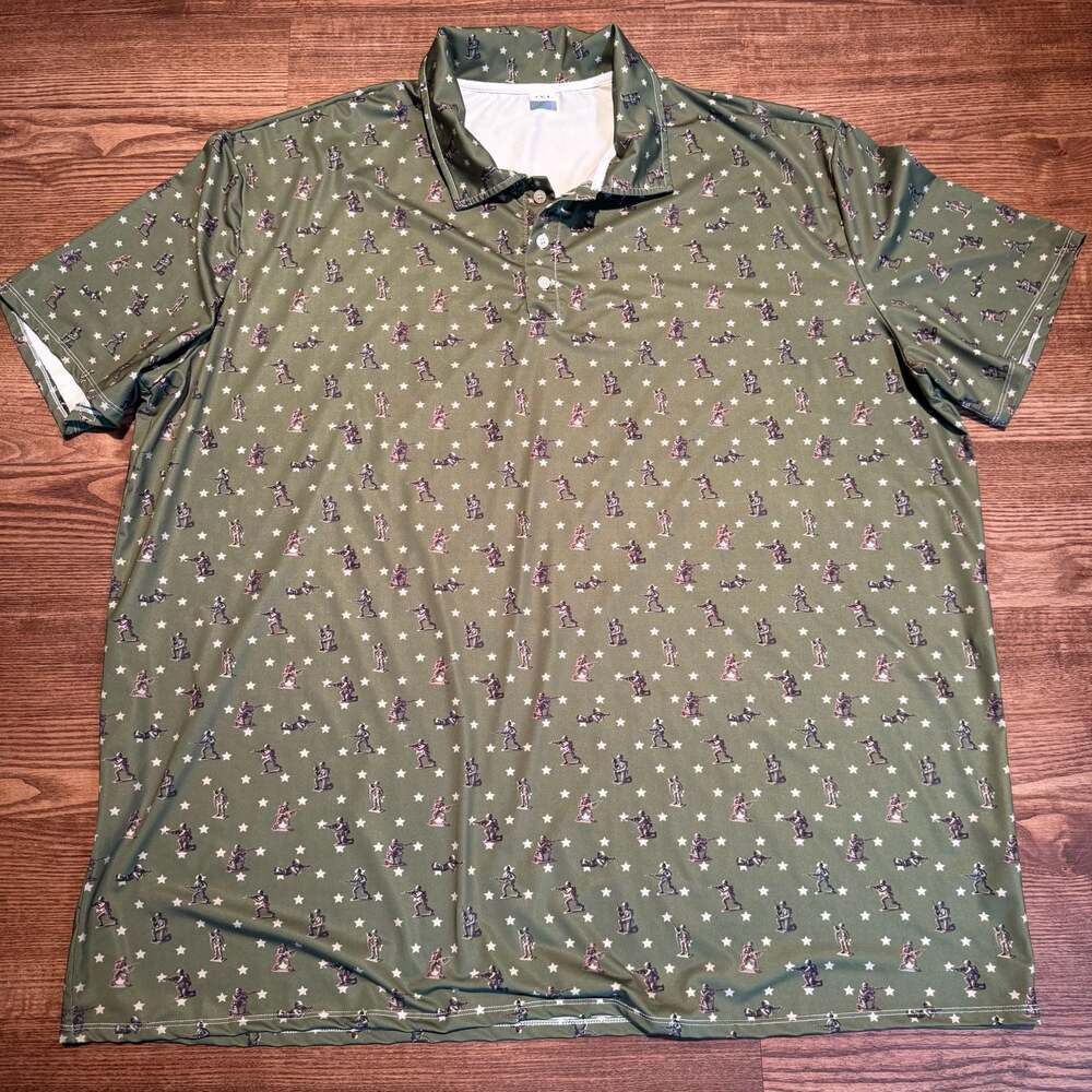 Army Green Men's Toy Soldier and Star Print Performance Golf Polo Shirt 4X